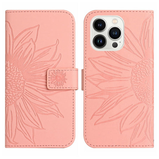 For iPhone 15 Pro Skin Feel Sun Flower Embossed Flip Leather Phone Case with Lanyard(Pink) by buy2fix