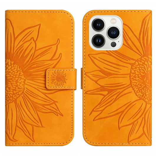 For iPhone 15 Pro Skin Feel Sun Flower Embossed Flip Leather Phone Case with Lanyard(Yellow) by buy2fix