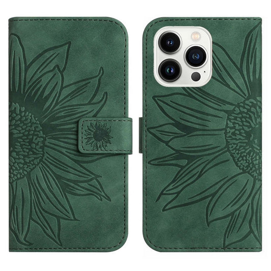 For iPhone 15 Pro Skin Feel Sun Flower Embossed Flip Leather Phone Case with Lanyard(Green) by buy2fix