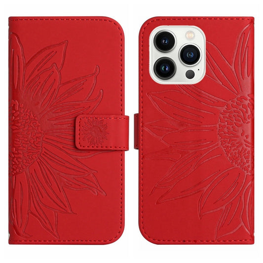 For iPhone 15 Pro Max Skin Feel Sun Flower Embossed Flip Leather Phone Case with Lanyard(Red) by buy2fix