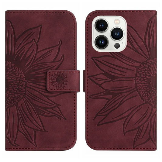 For iPhone 15 Pro Max Skin Feel Sun Flower Embossed Flip Leather Phone Case with Lanyard(Wine Red) by buy2fix