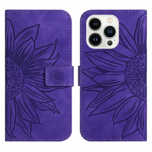 For iPhone 15 Pro Max Skin Feel Sun Flower Embossed Flip Leather Phone Case with Lanyard(Dark Purple) by buy2fix