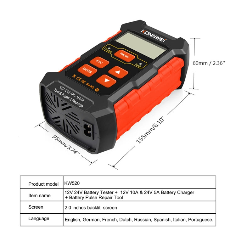 KONNWEI KW520 12V / 24V 3 in 1 Car Battery Tester with Detection & Repair & Charging Function(US Plug) by KONNWEI
