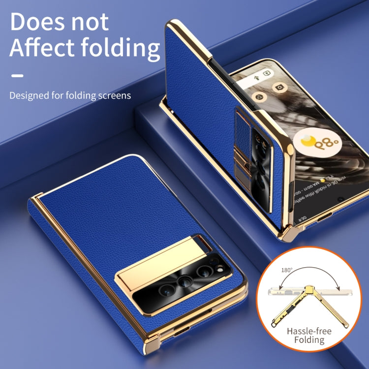 For Google Pixel Fold Litchi Pattern Electroplating Folding Phone Case with Hinge(Royal Blue) by buy2fix