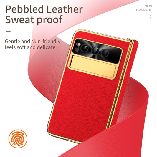 For Google Pixel Fold Litchi Pattern Electroplating Folding Phone Case with Hinge(Red) by buy2fix