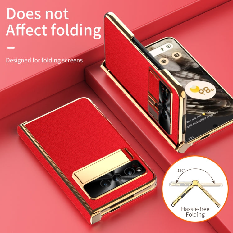 For Google Pixel Fold Litchi Pattern Electroplating Folding Phone Case with Hinge(Red) by buy2fix