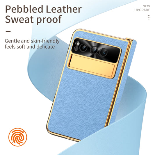 For Google Pixel Fold Litchi Pattern Electroplating Folding Phone Case with Hinge(Blue) by buy2fix