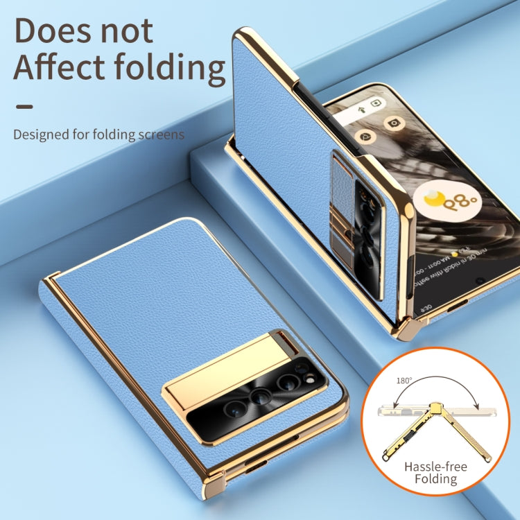 For Google Pixel Fold Litchi Pattern Electroplating Folding Phone Case with Hinge(Blue) by buy2fix