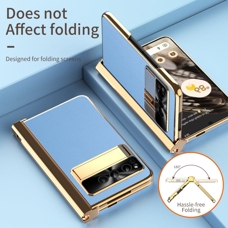 For Google Pixel Fold Litchi Pattern Electroplating Pen Slot Folding Phone Case with Stylus(Blue) by buy2fix