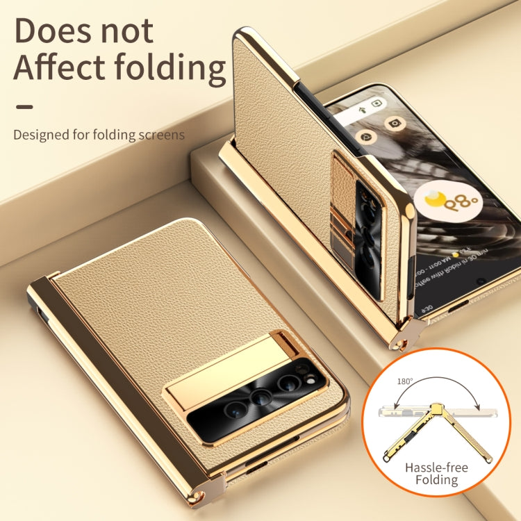 For Google Pixel Fold Litchi Pattern Electroplating Pen Slot Double Hinge Folding Phone Case with Stylus(Gold) by buy2fix