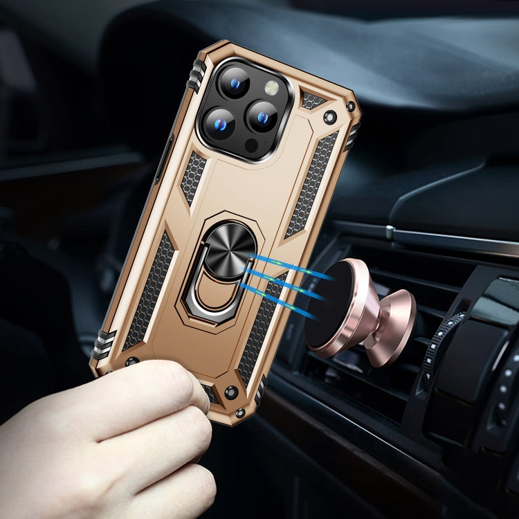 For iPhone 15 Shockproof TPU + PC Phone Case with Holder(Gold) by buy2fix