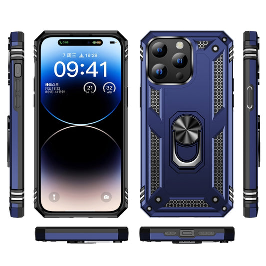 For iPhone 15 Shockproof TPU + PC Phone Case with Holder(Blue) by buy2fix