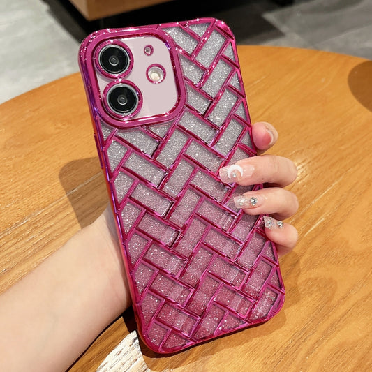 For iPhone 11 Woven Grid 3D Electroplating Laser Engraving Glitter Paper Phone Case(Rose Red) - iPhone 11 Cases by buy2fix | Online Shopping UK | buy2fix