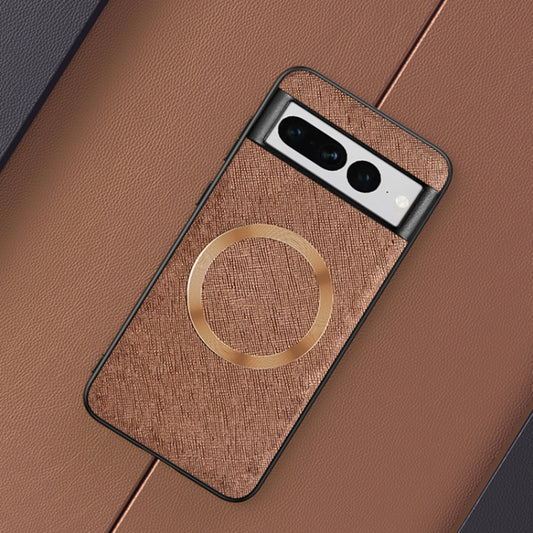 For Google Pixel 8 CD Magnetic Ring Magsafe Cross Texture Phone Case(Brown) by buy2fix
