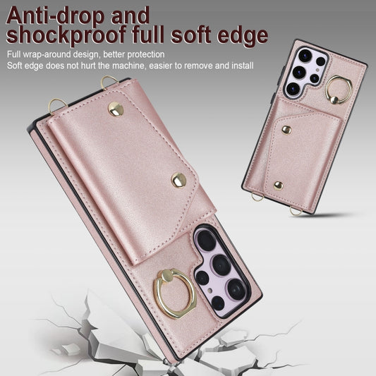 For Samsung Galaxy S23 Ultra 5G Zipper Card Bag Phone Case with Dual Lanyard(Rose Gold) by buy2fix