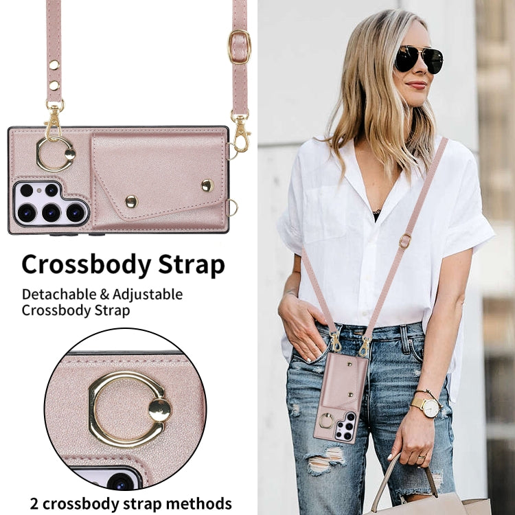 For Samsung Galaxy S23 Ultra 5G Zipper Card Bag Phone Case with Dual Lanyard(Rose Gold) by buy2fix