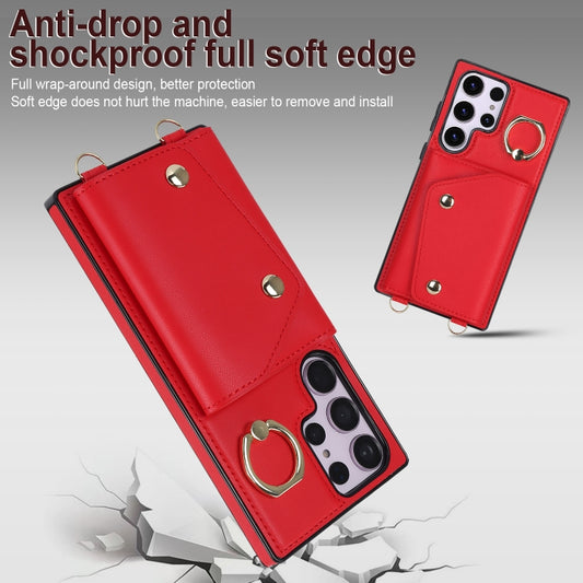 For Samsung Galaxy S23 Ultra 5G Zipper Card Bag Phone Case with Dual Lanyard(Red) by buy2fix
