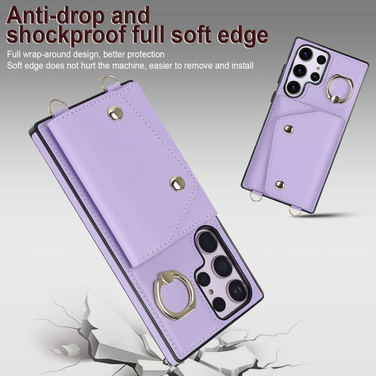For Samsung Galaxy S23 Ultra 5G Zipper Card Bag Phone Case with Dual Lanyard(Purple) by buy2fix