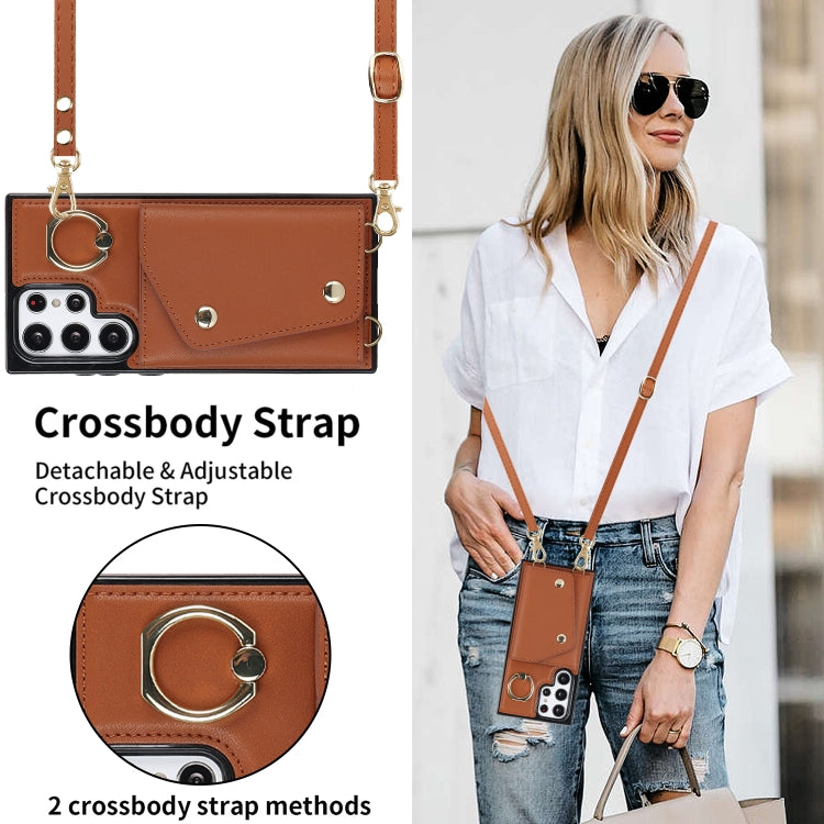 For Samsung Galaxy S22 Ultra 5G Zipper Card Bag Phone Case with Dual Lanyard(Brown) by buy2fix