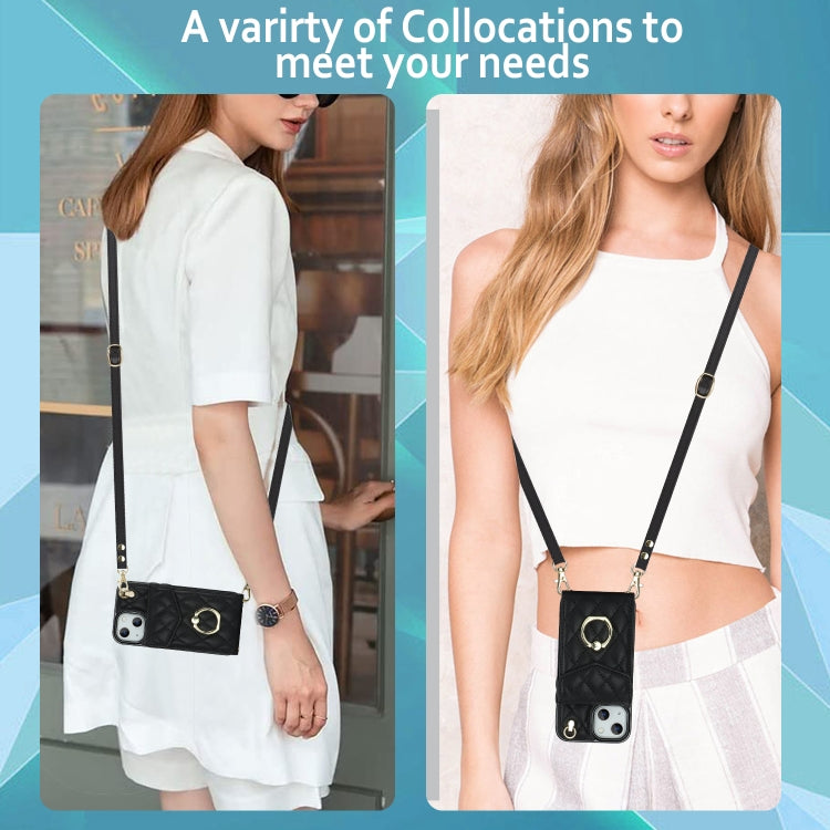 For iPhone 14 Plus Rhombic Texture Card Bag Phone Case with Long Lanyard(Black) by buy2fix