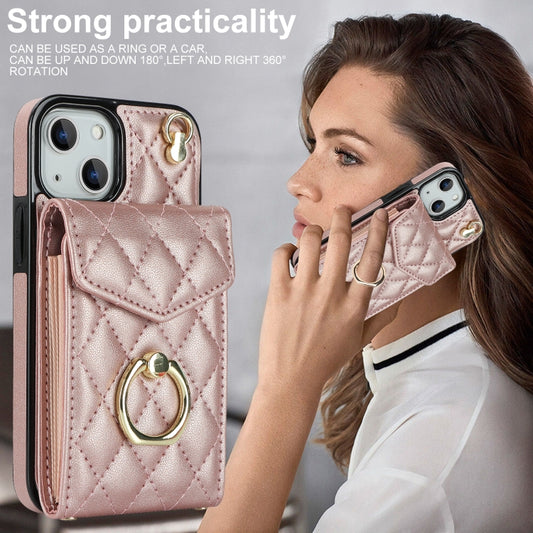 For iPhone 14 Plus Rhombic Texture Card Bag Phone Case with Long Lanyard(Rose Gold) by buy2fix