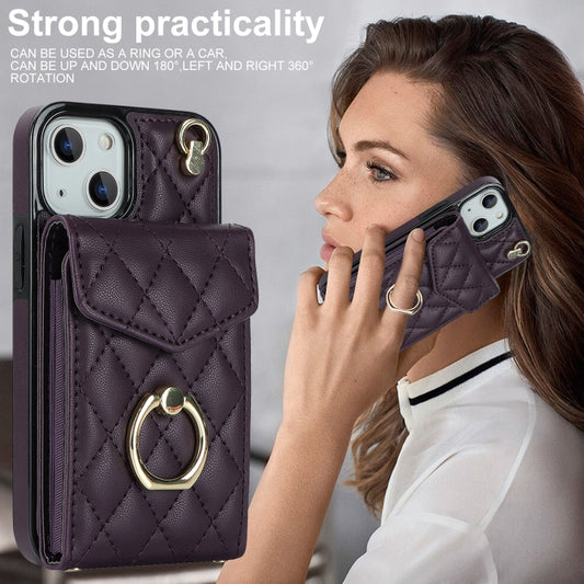 For iPhone 14 Plus Rhombic Texture Card Bag Phone Case with Long Lanyard(Wine Red) by buy2fix
