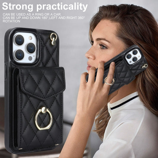 For iPhone 14 Pro Max Rhombic Texture Card Bag Phone Case with Long Lanyard(Black) by buy2fix