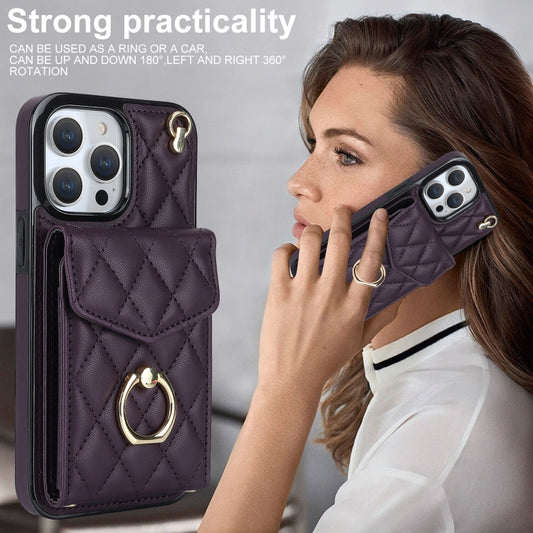 For iPhone 14 Pro Max Rhombic Texture Card Bag Phone Case with Long Lanyard(Dark Purple) by buy2fix