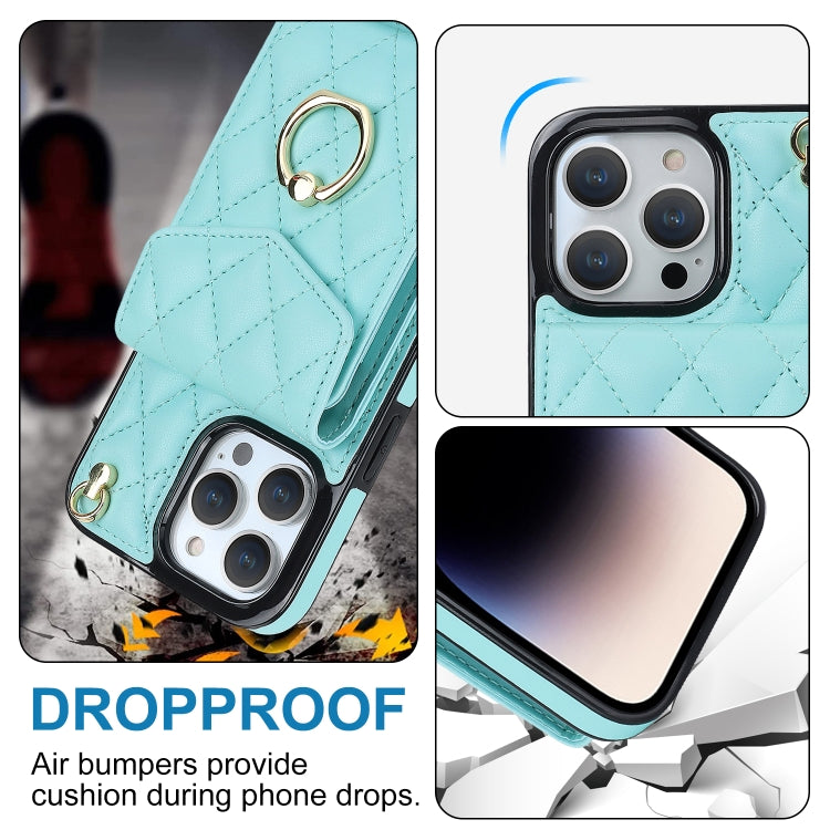 For iPhone 15 Pro Rhombic Texture Card Bag Phone Case with Long Lanyard(Mint Green) by buy2fix