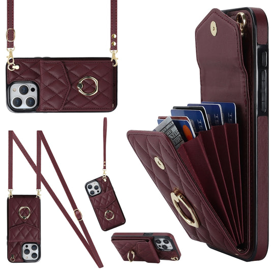 For iPhone 15 Plus Rhombic Texture Card Bag Phone Case with Long Lanyard(Wine Red) by buy2fix