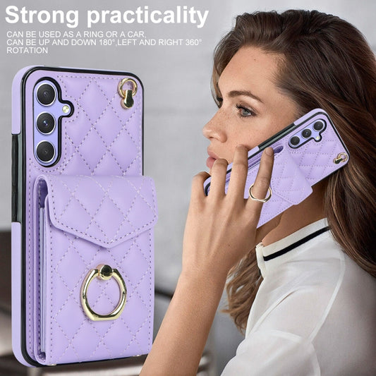 For Samsung Galaxy A54 5G Rhombic Texture Card Bag Phone Case with Long Lanyard(Light Purple) by buy2fix
