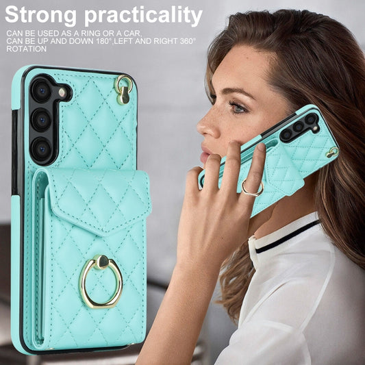 For Samsung Galaxy S23 5G Rhombic Texture Card Bag Phone Case with Long Lanyard(Mint Green) by buy2fix