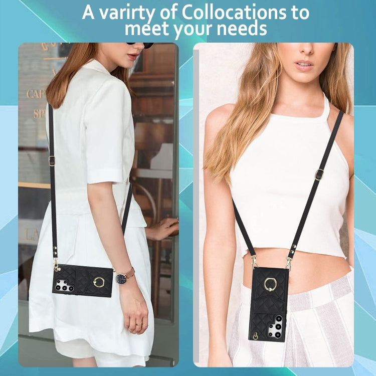 For Samsung Galaxy S24 Ultra 5G Rhombic Texture Card Bag Phone Case with Long Lanyard(Black) by buy2fix