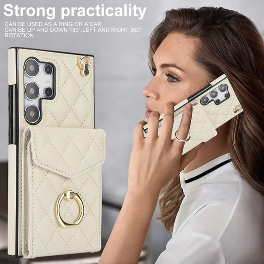 For Samsung Galaxy S24 Ultra 5G Rhombic Texture Card Bag Phone Case with Long Lanyard(White) by buy2fix