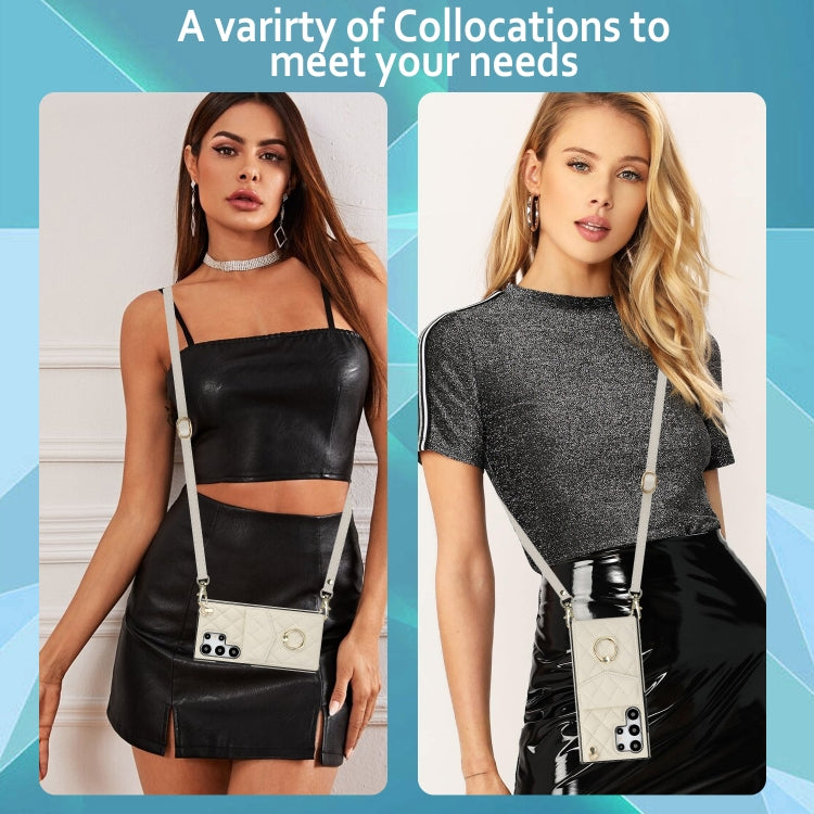 For Samsung Galaxy S24 Ultra 5G Rhombic Texture Card Bag Phone Case with Long Lanyard(White) by buy2fix