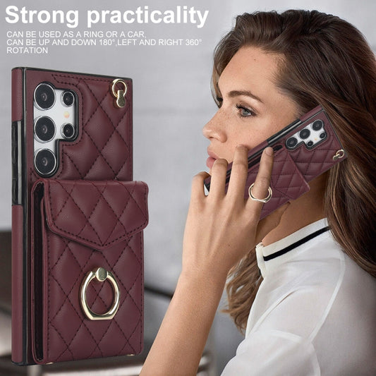 For Samsung Galaxy S24 Ultra 5G Rhombic Texture Card Bag Phone Case with Long Lanyard(Wine Red) by buy2fix