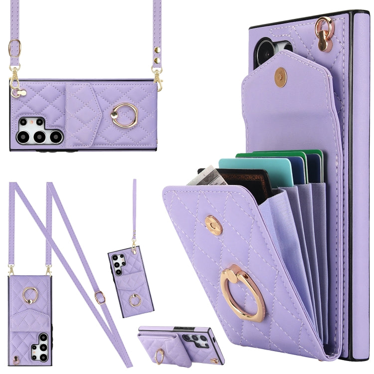 For Samsung Galaxy S24 Ultra 5G Rhombic Texture Card Bag Phone Case with Long Lanyard(Light Purple) - Galaxy S24 Ultra 5G Cases by buy2fix | Online Shopping UK | buy2fix
