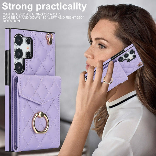 For Samsung Galaxy S24 Ultra 5G Rhombic Texture Card Bag Phone Case with Long Lanyard(Light Purple) by buy2fix