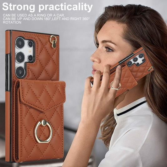For Samsung Galaxy S24 Ultra 5G Rhombic Texture Card Bag Phone Case with Long Lanyard(Brown) by buy2fix