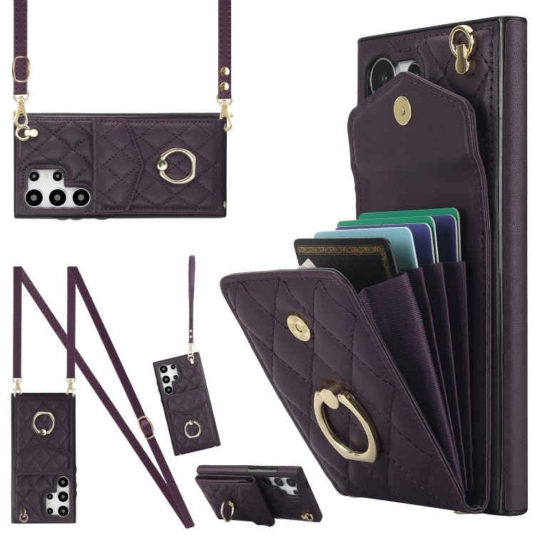For Samsung Galaxy S24 Ultra 5G Rhombic Texture Card Bag Phone Case with Long Lanyard(Dark Purple) - Galaxy S24 Ultra 5G Cases by buy2fix | Online Shopping UK | buy2fix