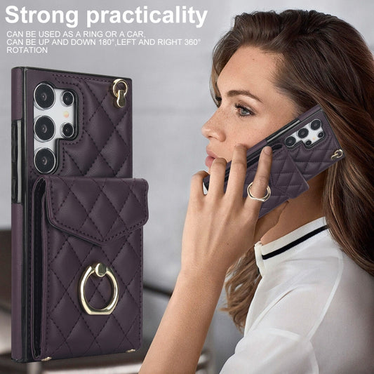 For Samsung Galaxy S24 Ultra 5G Rhombic Texture Card Bag Phone Case with Long Lanyard(Dark Purple) by buy2fix