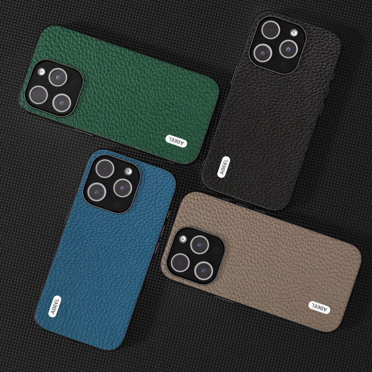 For iPhone 15 Plus ABEEL Genuine Leather Litchi Texture Phone Case(Blue) by buy2fix