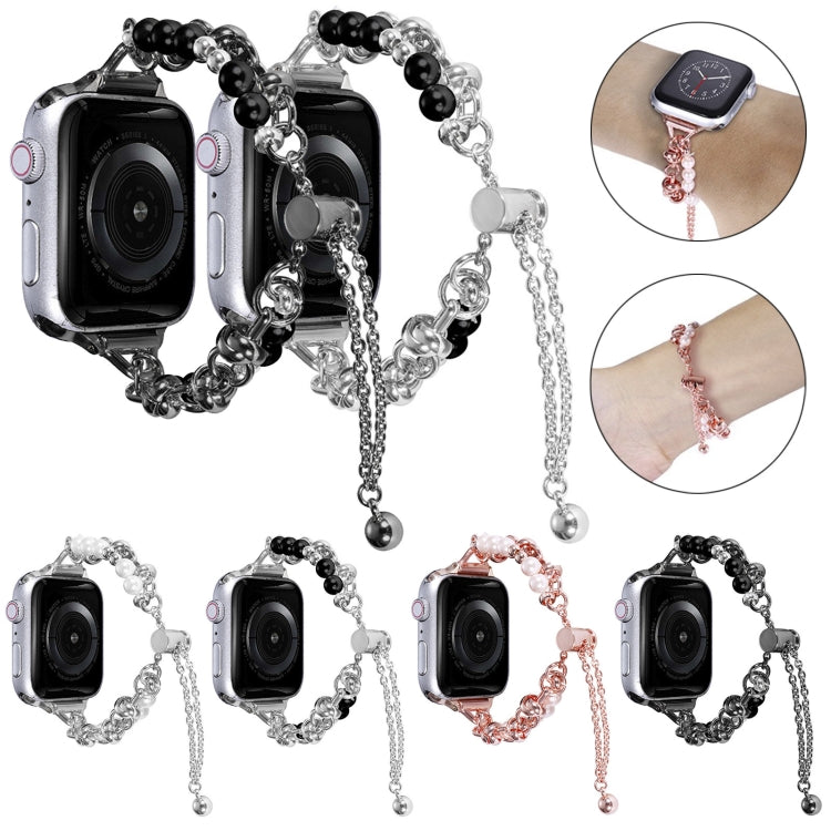 For Apple Watch SE 2023 44mm Pearl Bracelet Metal Watch Band(Silver Black) by buy2fix