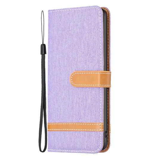 For iPhone 15 Plus Color Block Denim Texture Leather Phone Case(Purple) by buy2fix