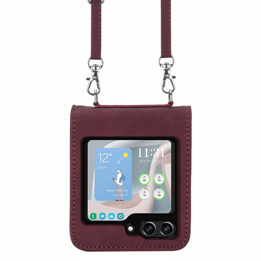 For Samsung Galaxy Z Flip5 5G Crossbody 3D Embossed Flip Leather Phone Case(Wine Red) by buy2fix