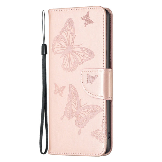 For iPhone 15 Plus Embossing Two Butterflies Pattern Leather Phone Case(Rose Gold) by buy2fix