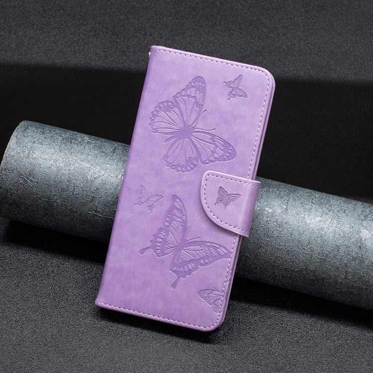 For iPhone 15 Embossing Two Butterflies Pattern Leather Phone Case(Purple) by buy2fix