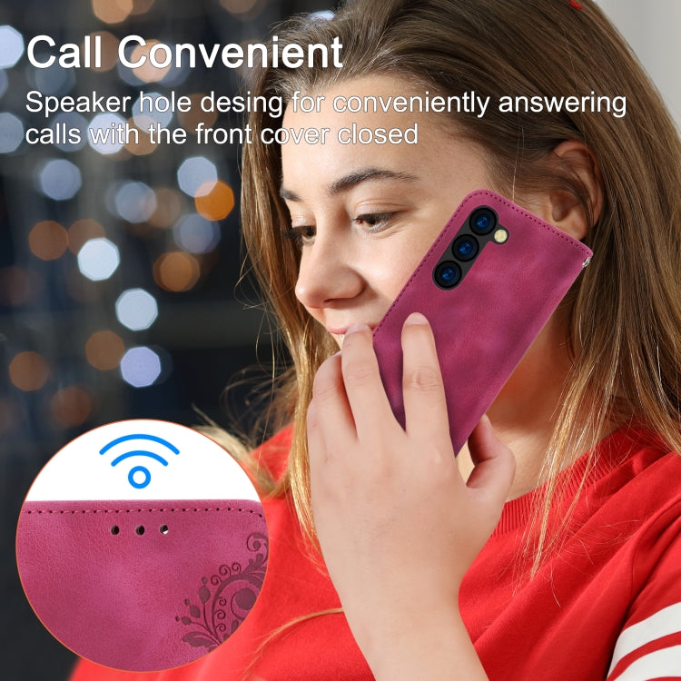 For Samsung Galaxy Z Fold5 Skin Feel Flowers Embossed Wallet Leather Phone Case(Wine Red) by buy2fix