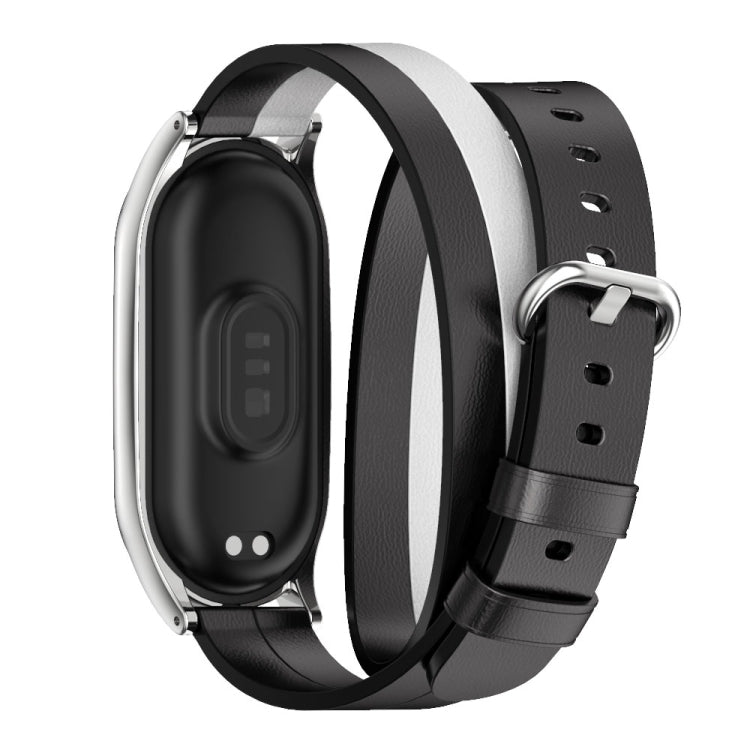 For Xiaomi Mi Band 8 Mijobs Plus Case Double-Loop Leather Watch Band(Black+White+Silver) by MIJOBS