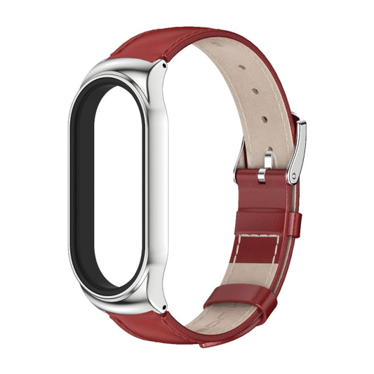 For Xiaomi Mi Band 8 Mijobs CS Case Genuine Leather Top Layer Cowhide Watch Band(Red Silver) by MIJOBS